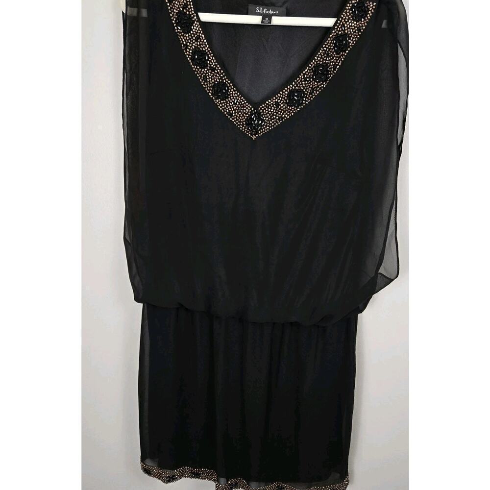 SL Fashions Black Mini Dress V Neck Copper Beads Sheer Flowy Lined GLAM SIZE 10 - Picture 2 of 7